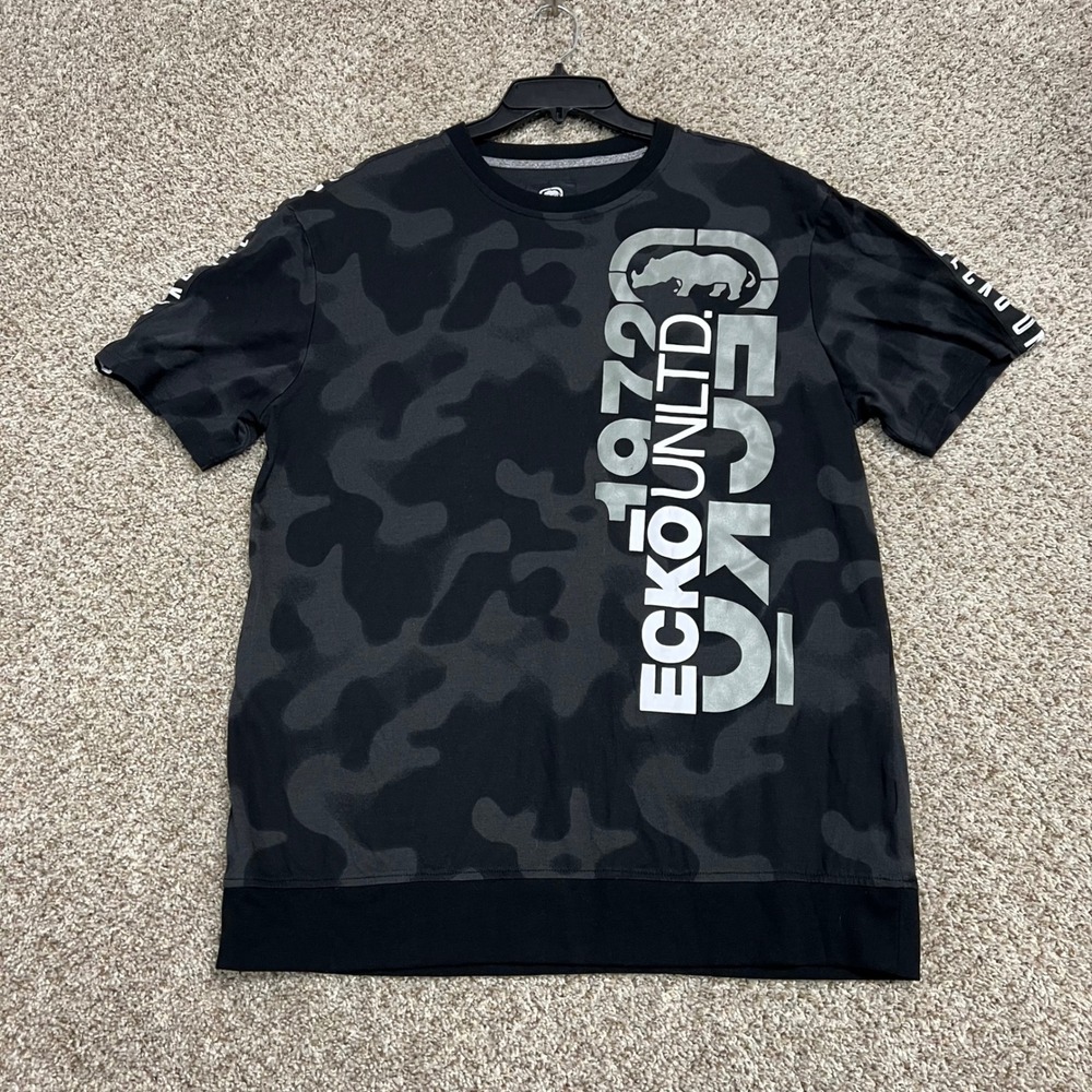 Ecko Unltd Mens XL Camo T-Shirt Gray Black Logo Graphic Short Sleeve Rhino 1972